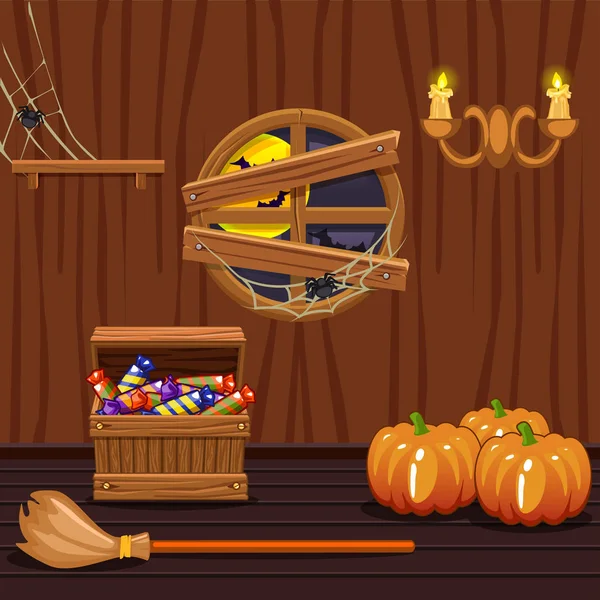 Bodega de casa de madera, símbolos de Halloween — Vector de stock