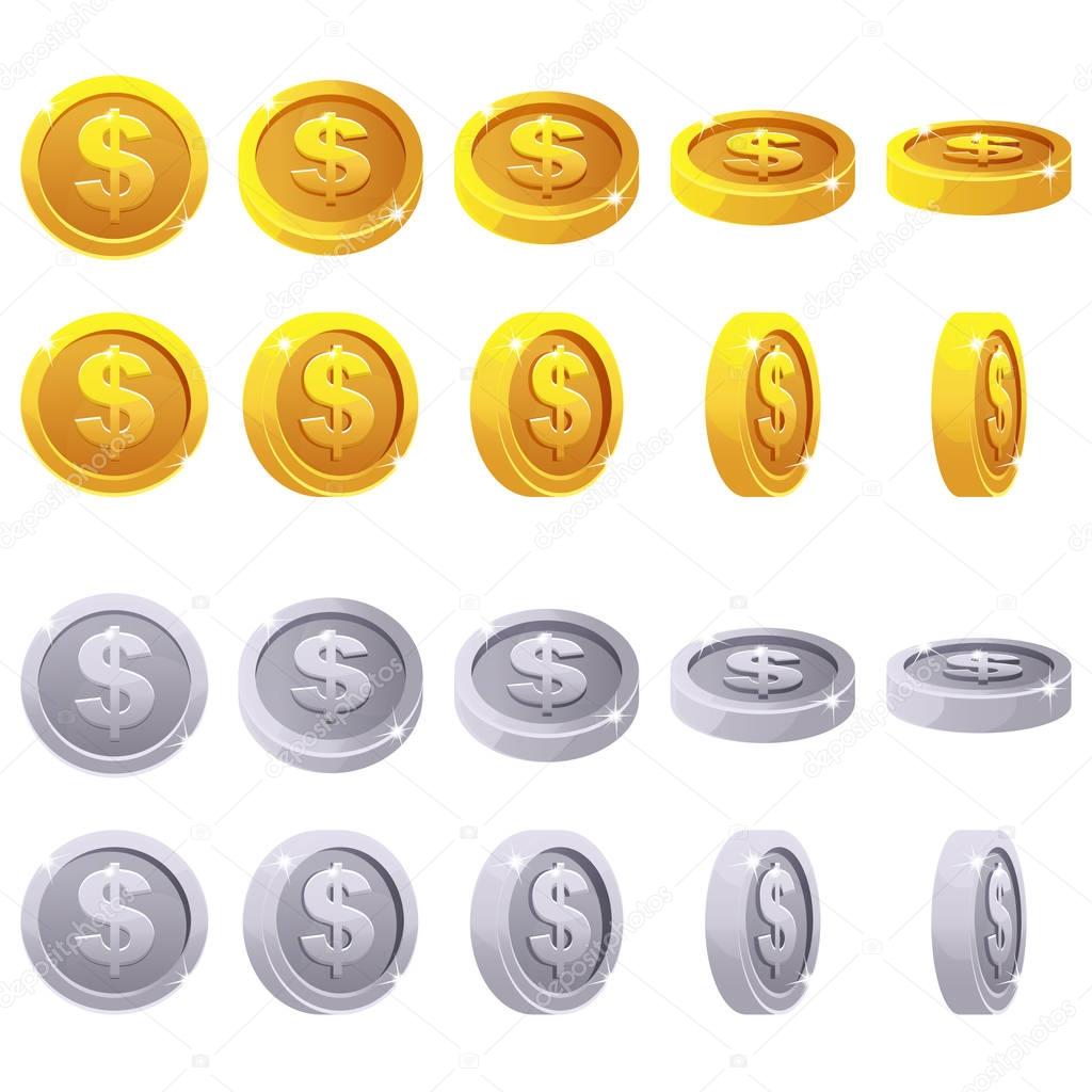 Cartoon set of 3D metallic coins, vector animation game rotation