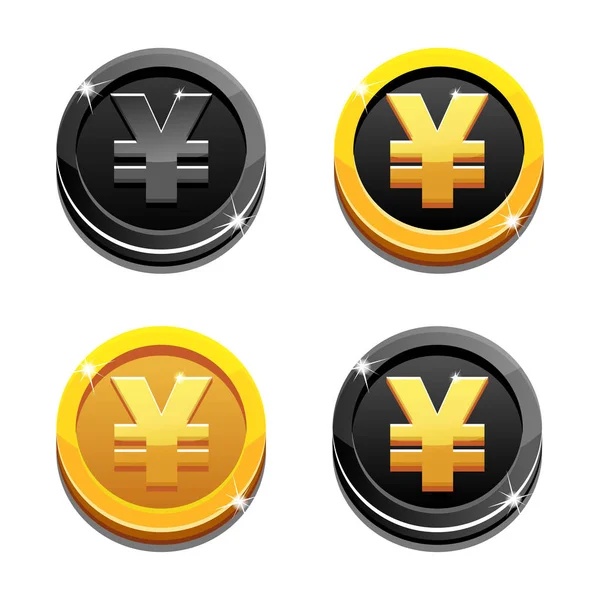 Dessin animé mis en or et noir yen pièce symbole yuan, argent chinois — Image vectorielle