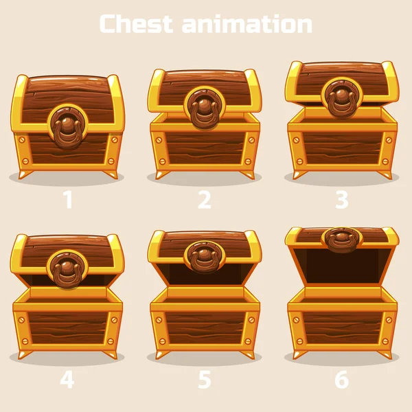 Animation step by step open and closed wooden chest — Stock Vector