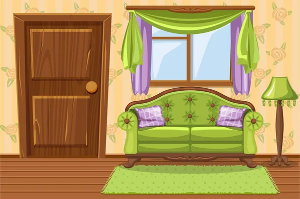 Set cartoon groene Vintage kussens meubels, woonkamer — Stockvector