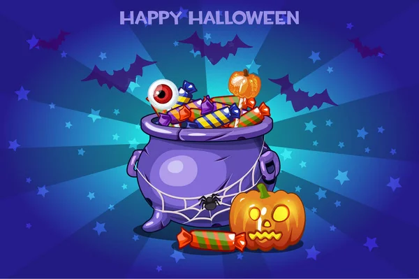 Pot de dessin animé avec bonbons, ensemble Illustration Joyeux Halloween — Image vectorielle