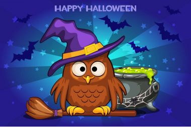 Komik baykuş ve pot sihirli iksiri olan çizgi film, illüstrasyon mutlu Cadılar Bayramı ayarla