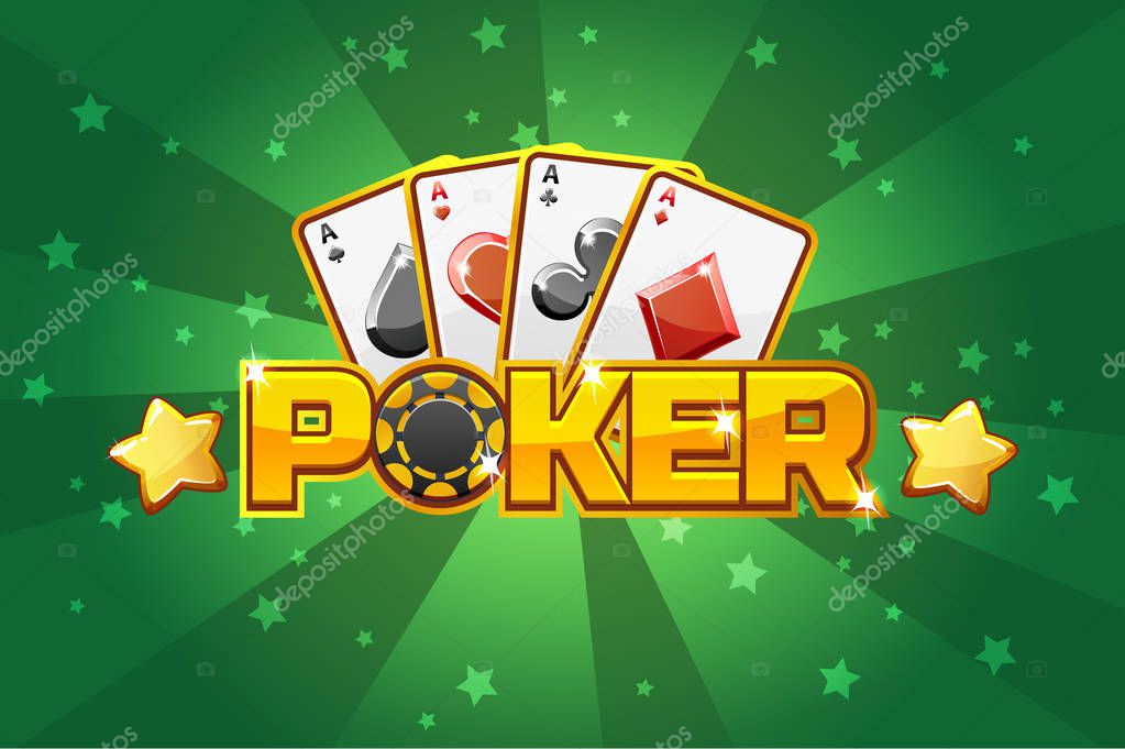 Logo text POKER and Playing cards, For Ui Game element. Green background glow