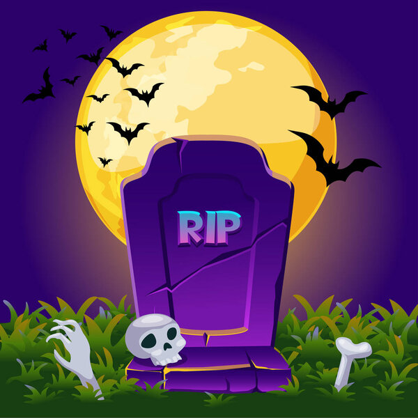 Могильный камень ночью с плакатом в честь Хэллоуина
