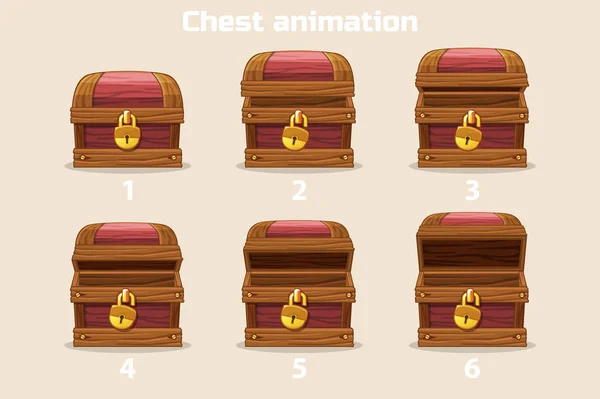 Animation Schritt für Schritt alte Holzkiste öffnen und schließen — Stockvektor