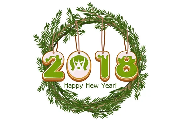 Rajzfilm zöld koszorú lucfenyő boldog új évet, cookie 2018 év kutya vektor — Stock Vector