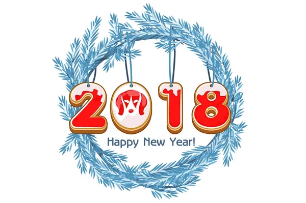 De kroon van de cartoon blauwe spar Happy New Year, cookie 2018 jaar hond vector — Stockvector