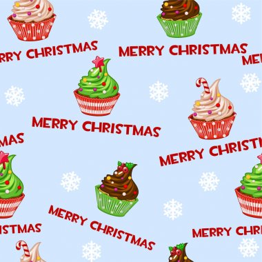 Sorunsuz vektör desen ile karikatür Noel Kek, çörek, tatlı kek üzerine mavi döşeme arka planı.