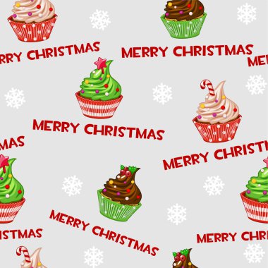 Noel Kek, çörek, tatlı kek üzerine gri döşeme arka planı ile sorunsuz vektör desen.