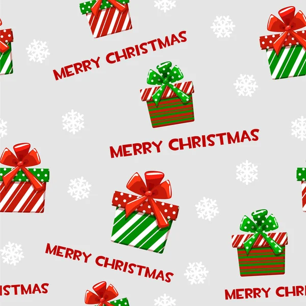 Nahtlose Vektormuster mit Cartoon-Weihnachtsgeschenken grün-rot auf grauem Fliesenhintergrund. — Stockvektor