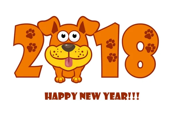 Gelukkig Nieuwjaar. Het jaar 2018 is een gele aarde hond. Cartoon hond. Dekking voor de kalender — Stockvector