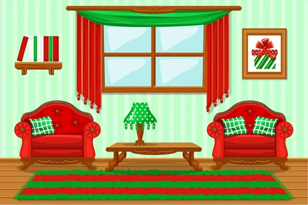 Ställ in cartoon vadderade röda och gröna möbler, vardagsrum — Stock vektor