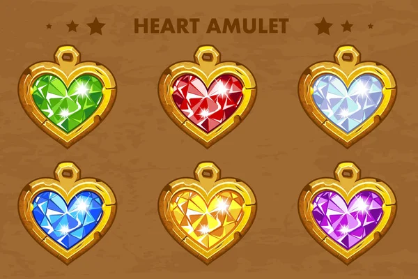 Ilustrace kreslené zlaté srdce milují amulety s drahými kameny. — Stockový vektor
