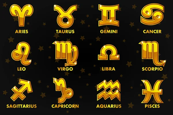 Set Vektor Gold Astrologie Zeichen auf schwarzem Hintergrund, 12 Tierkreiszeichen — Stockvektor