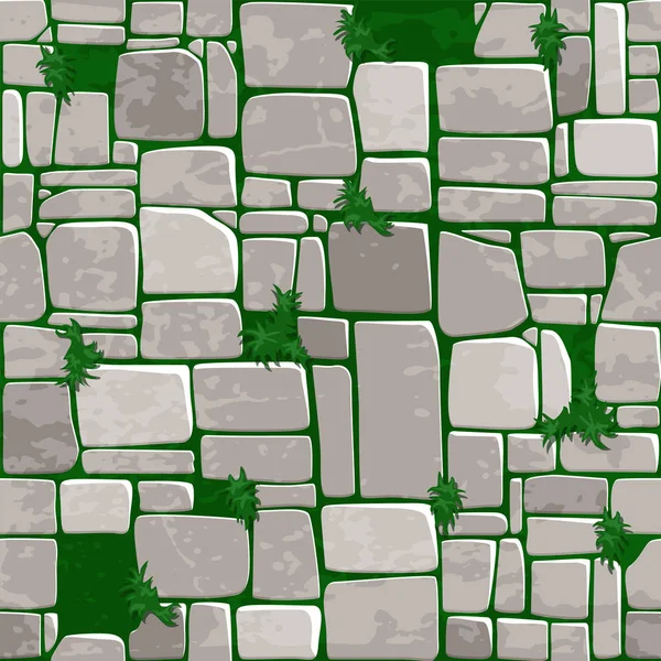 Bezešvé pozadí textury šedý kámen na trávě. Vektorové ilustrace pro hru Ui element — Stockový vektor