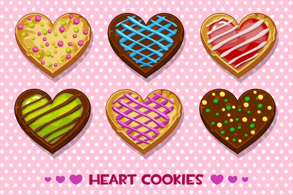 Galletas de jengibre y chocolate en forma de corazón con esmalte multicolor, set Feliz día de San Valentín — Vector de stock