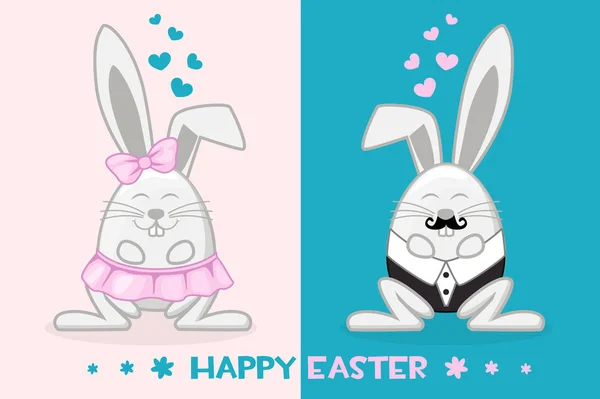 Komik karikatür Paskalya tavşanı bir yumurta, kız ve erkek şeklinde. Tebrik kartı mutlu Paskalya — Stok Vektör