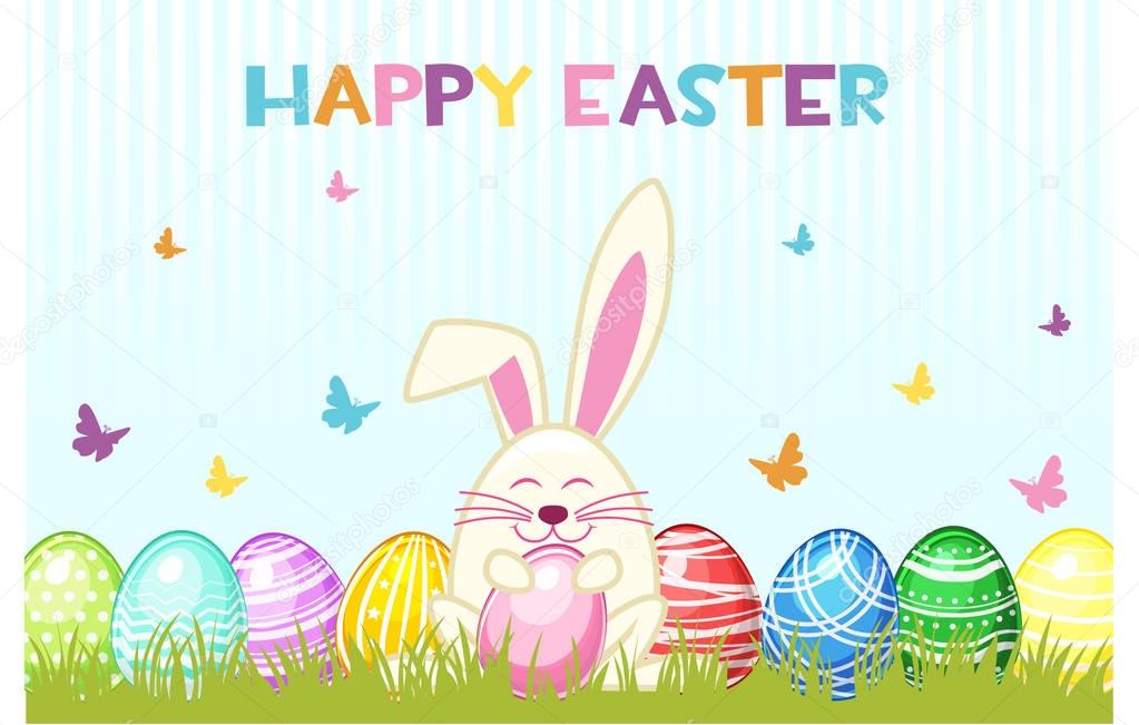 Happy Easter Day. Vector Eggs and rabbit on the grass, greeting card