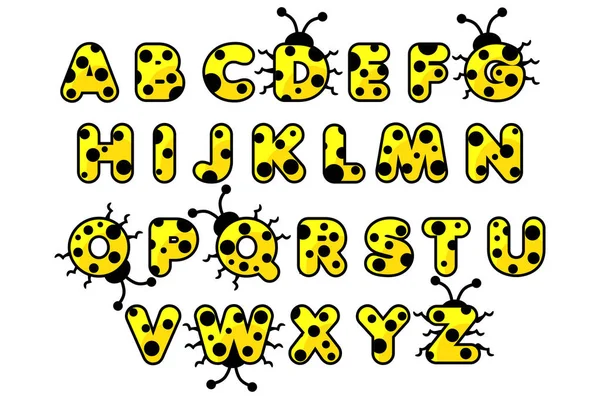 Жёлтый алфавит божьей коровки. Английский abc животные, образовательные карты дети — стоковый вектор