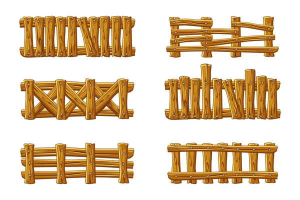 Различные типы деревянных заборов, мультипликационный набор для активов — стоковый вектор