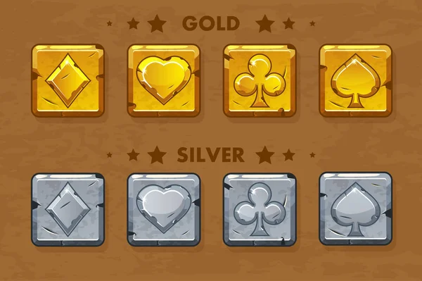Пик, треф, чирва и тамбурин, старые золотые и серебряные символы покера. Векторные иконки для игровых активов — стоковый вектор