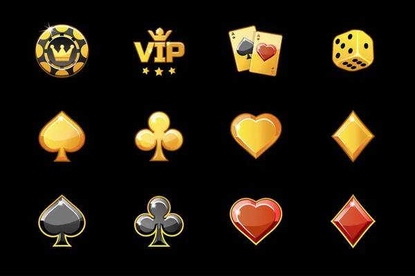Золотые иконки казино, символы игры в покер — стоковый вектор