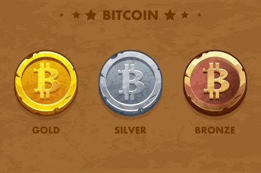 İzole altın, gümüş ve bronz Bitcoin simgesi. Dijital ya da sanal cryptocurrency. sikke ve elektronik para.