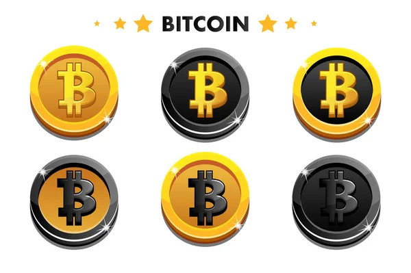 Altın çizgi film ve Bitcoin simge siyah. Dijital veya sanal para sikke ve elektronik para — Stok Vektör
