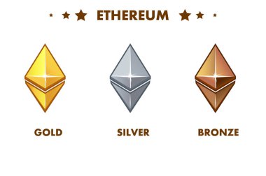 İzole altın, gümüş ve bronz ethereum simgesi. Dijital veya sanal para birimleri ve elektronik para