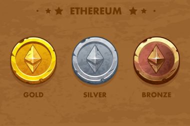 İzole altın, gümüş ve bronz ethereum eski paralar. Dijital ya da sanal cryptocurrency. sikke ve elektronik para