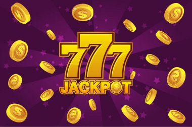 logo ikramiye ve 777 simge, Menekşe arka plan üzerinde patlama altın paralar. Afiş casino arka plan