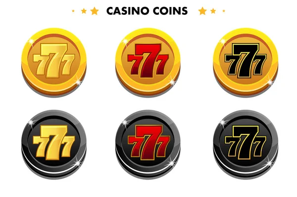 Gouden en zwart munten 777, casino spel symbolen — Stockvector