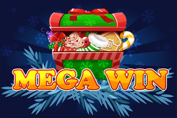 クリスマスメガウィン。2Dゲームとカジノスロットの画面背景 — ストックベクタ