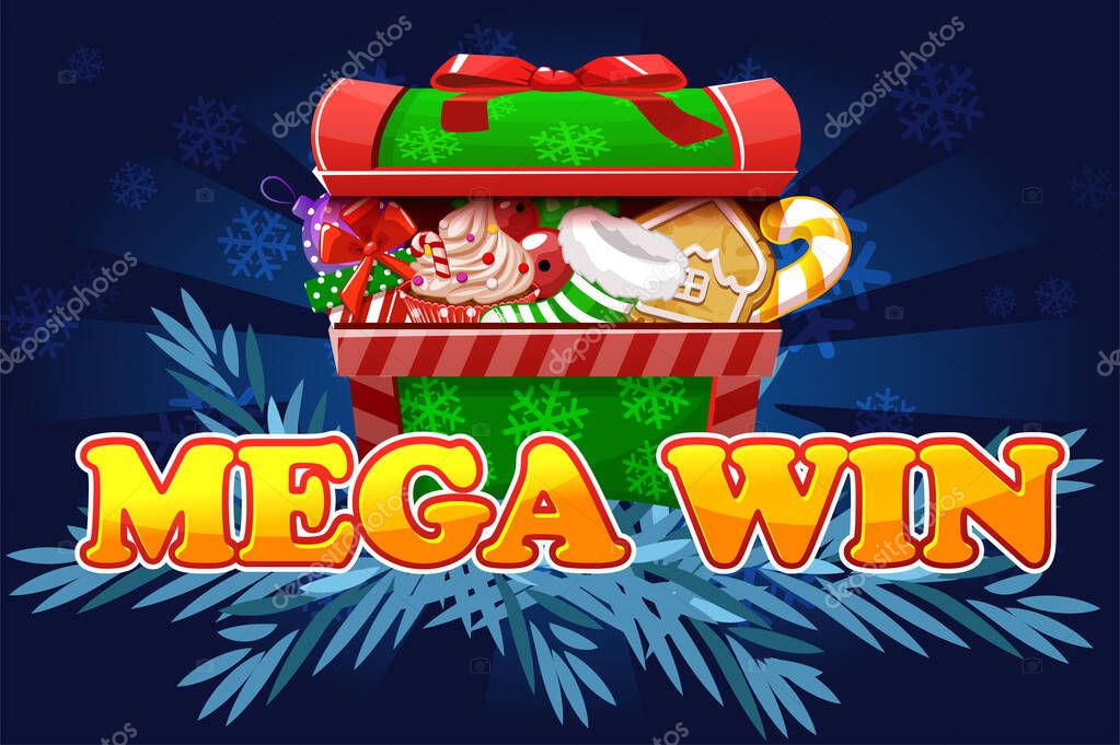Christmas Mega Win. Screen background for 2D game and casino slots. Isolated object on separate layers.