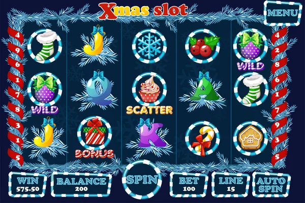 Christmas Slot, interfejs gry Ui i ikony w kolorze niebieskim. Pełne menu dla kasyna gry — Wektor stockowy