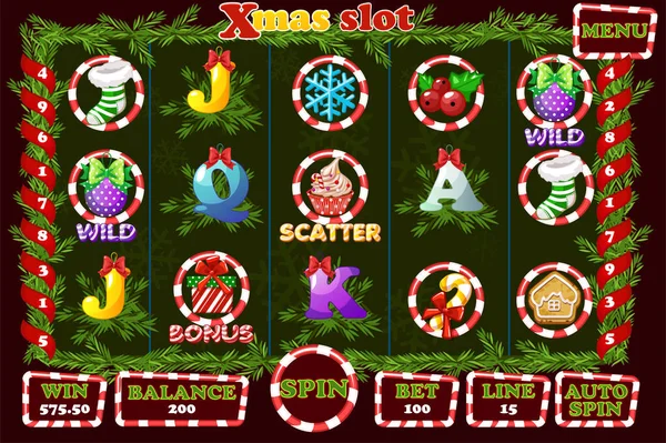 Weihnachtsschlitz, Spieloberfläche und Symbole. komplettes Menü für Casino-Spiel. — Stockvektor