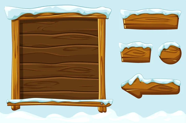 Зимняя игра ui деревянные пуговицы со снегом. Vector set wood assets, Interface and buttons for Ui Game — стоковый вектор