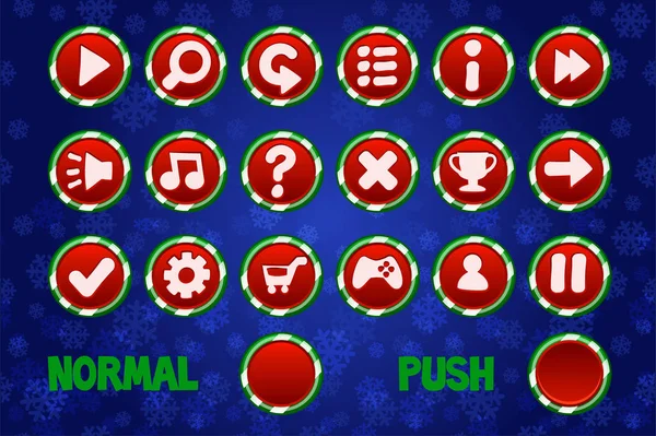 Boutons cercle de Noël pour le Web et 2D Jeux UI. Bouton normal et poussoir . — Image vectorielle