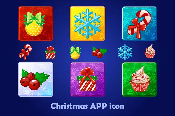 Счастливого Рождества и Нового года площадь App Icons Set. Дизайн векторной иллюстрации. Зимние красочные предметы. Иконы для Мбаппе и мобильного приложения — стоковый вектор