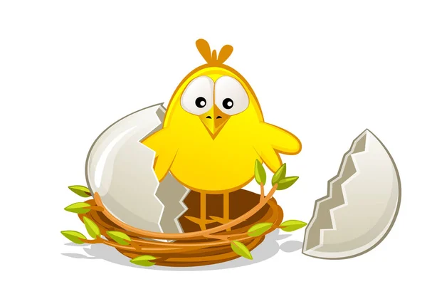 Cute newborn chick in a nest of twigs. Broken egg. Happy easter. Vector flat illustration. — ストックベクタ