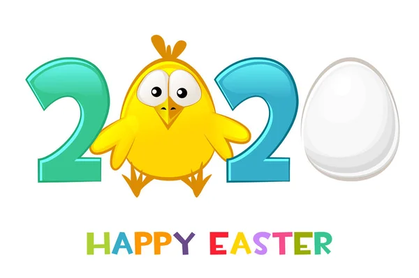 快乐的复活节2020与可爱的扁鸡和蛋. 问候卡。 矢量平面插图. — 图库矢量图片