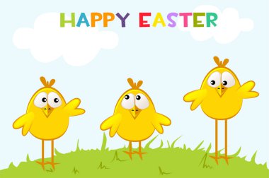 Bahçede yumurta şeklinde komik sarı tavuklar. Mutlu Paskalyalar.