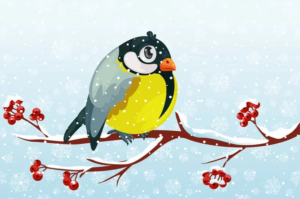 Rajzfilm madár mell ágon Rowan fa alatt a hóesés. Karácsonyi dekorációhoz, plakátokhoz, transzparensekhez és téli eladásokhoz. Vektor illusztráció Téli szezon. — Stock Vector