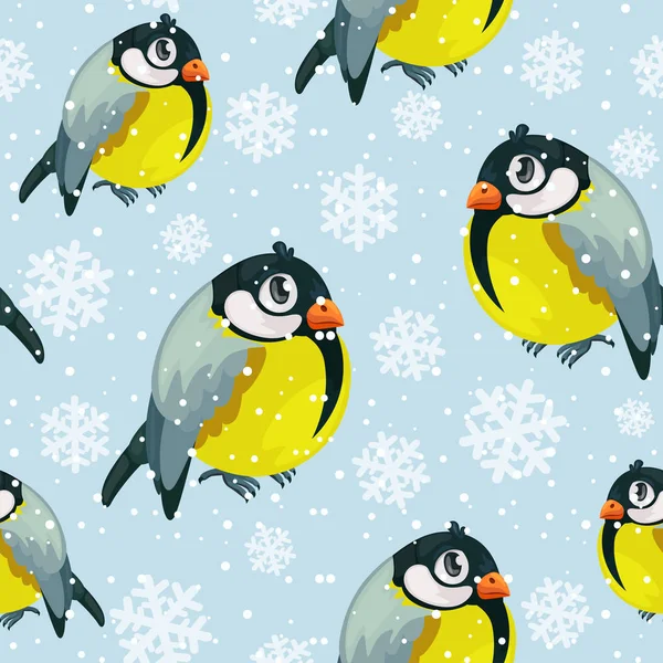 불핀치 새는 눈이 내리는 바 다 없는 무늬가 있다. 크리스마스 콜렉션 배경. 겨울 질감. 벡터 일러스트. — 스톡 벡터