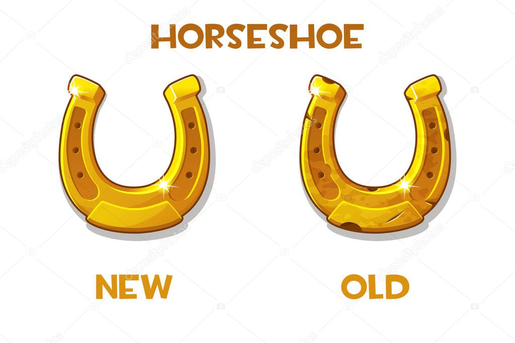 New and old golden horseshoe on a white background.