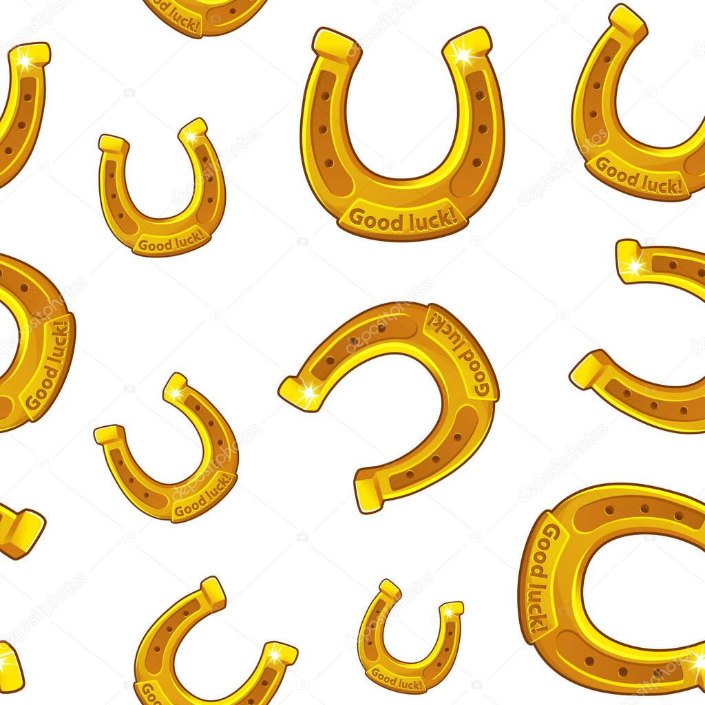 Seamless pattern of small and large golden horseshoes in a scatter.