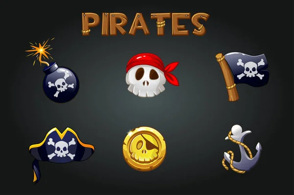Set of pirate icons and symbols on a gray background. — Stock Vector