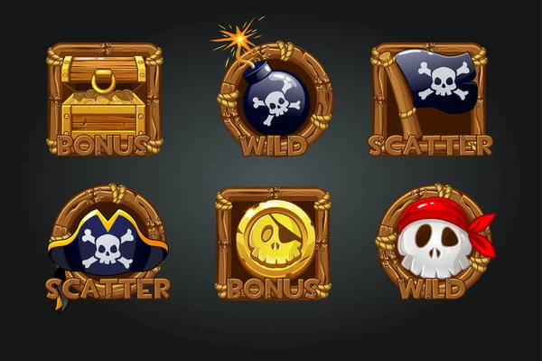 Pirate icons in wooden frames for slots. — Stock Vector