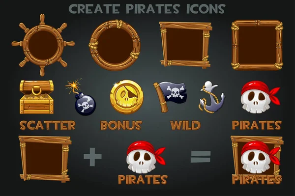 Set om gepirateerde iconen en houten frames te maken. — Stockvector